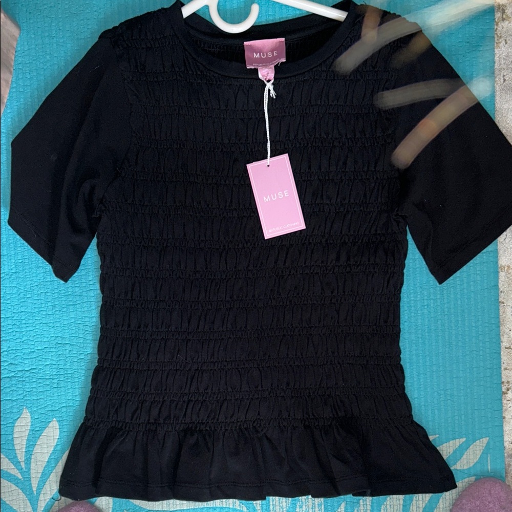 NWT Muse Black Blouse 100% Cotton Size M